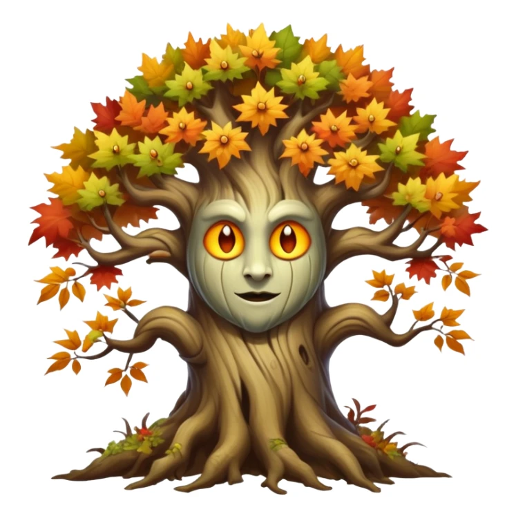 Create a mystical forest menacing creature with the ancient wisdom of a sentient tree whose twisted trunk supports a crown of vibrant autumn foliage surrounding a cheerful, sun-like face that blooms with seasonal energy.


 sticker