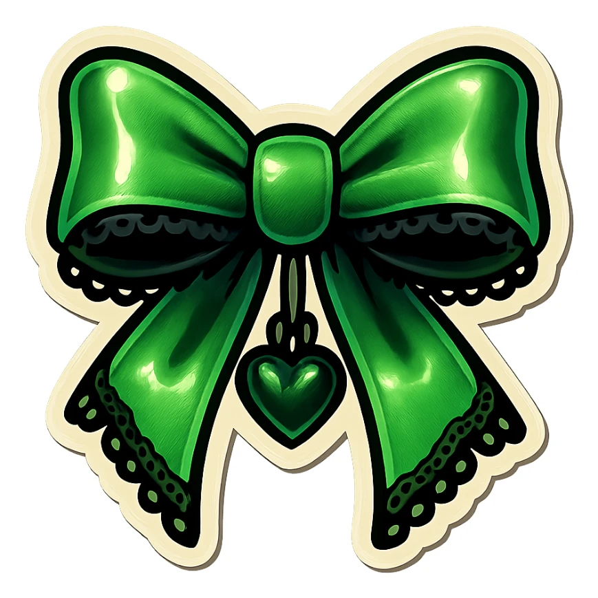 green gothic bow with black lace trim and heart charm, remove background sticker