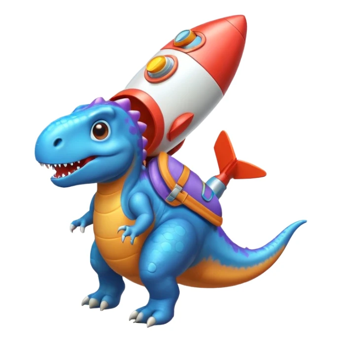 cute toy-like rocket-propelled dinosaur, rounded shapes, glossy texture, colorful rocket backpack, happy expression, 3D cartoon, mobile game icon style, clean background, no text, no watermark
 sticker