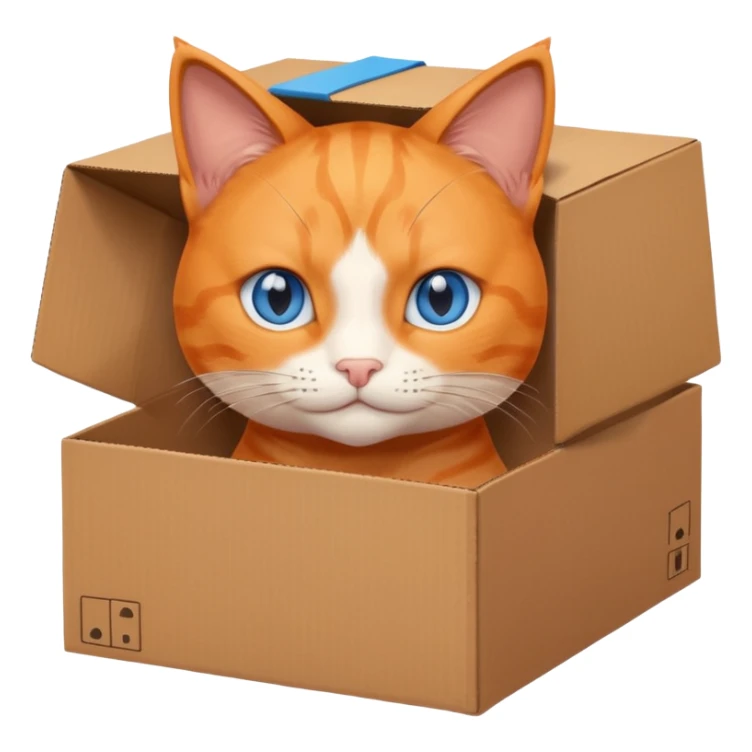 anime character cat that is orange cat, that its body is inside of a simple brown box. cats eyes are blue , but head is showing up sticker