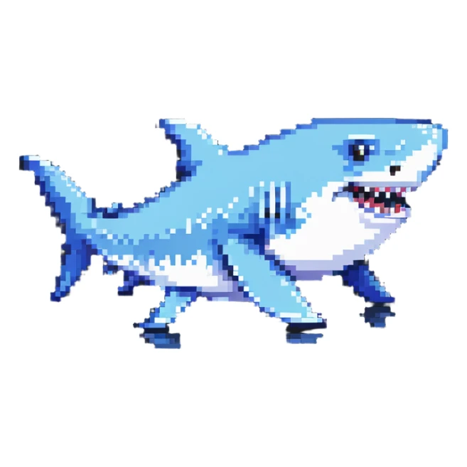 shark with sneakers on fins, fun and quirky pixel art sticker