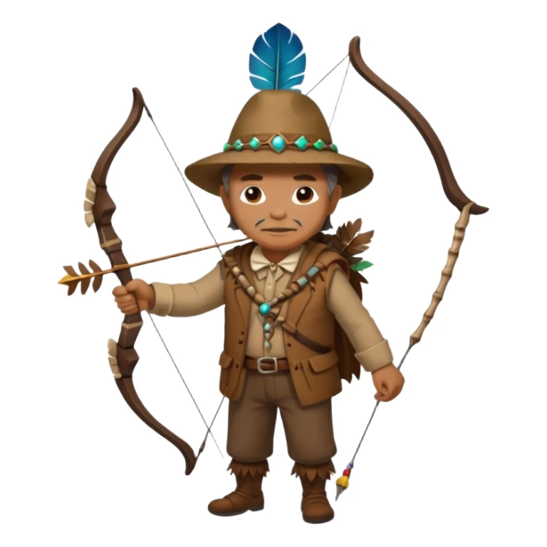 The classic image of a middle-aged uncle hunter carrying a bow, dressed in brown clothes, with some ornaments made of feathers, bones or teeth on his body. sticker
