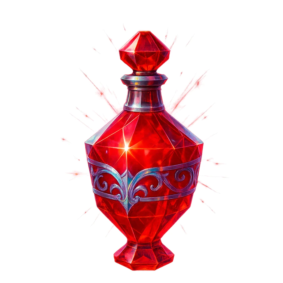 modernus prabangus eliksyro buteliukas, raudono kristalo forma, ryški raudona spalva, holografiniai ir sidabriniai ornamentai, stiprūs magiški švytėjimai ir efektai, labai mažas kaklelis, skaidrus fonas, vientisas dugnas, be šešėlio, plūduriuoja ore, kolekcijos stilius sticker