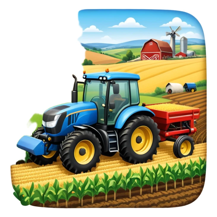 An icon representing a farming simulator, with a detailed tractor plowing fields under a bright sky with rural landscape. The design includes farming tools, crops and barns, symbolizing the immersive experience of managing a farm. Transparent background. sticker