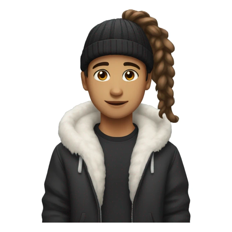 Mixed race boy with ponytail wearing beanie and wearing a black jacket with a white fur trim with hazel eyes sticker