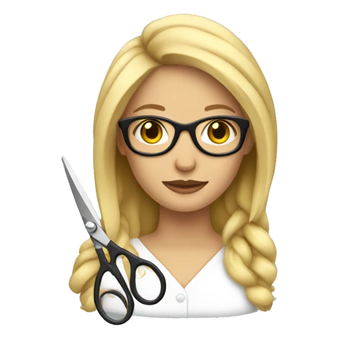 blonde woman with glasses holding scissors sticker