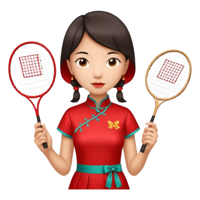 ancient cheongsam girl with 1 badminton racket, red sticker