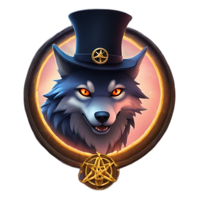 demonic wolf with a pentagram top hat and a pentagram chain with a haunting night background sticker