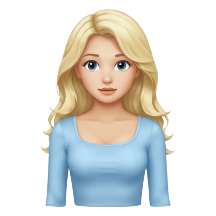 pretty girl blonde soft wavy long hair middle part makeup light baby blue skin tight square neckline long sleeve top sticker