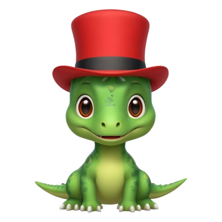 A very cute and adorable green anthropomorphic baby dinosaur with a red top hat sticker