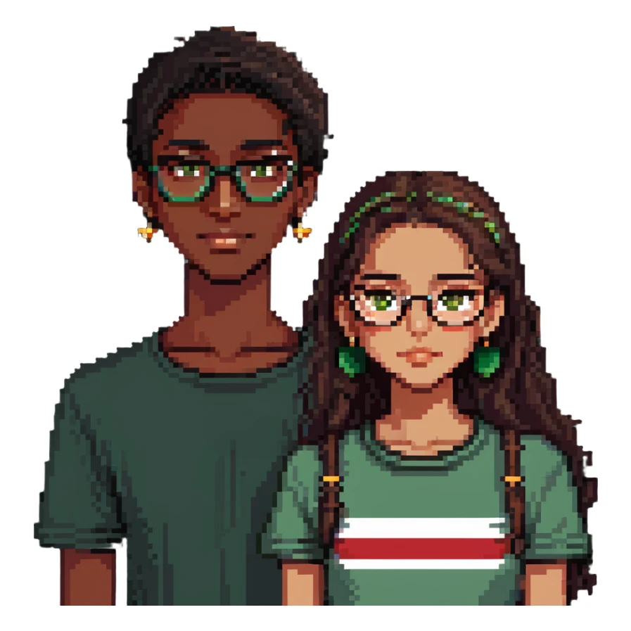 pixel art style couple: medium height beautiful Mexican girl and dark-skinned boy with glasses, green-brown eyes, crescent moon scar on chin sticker