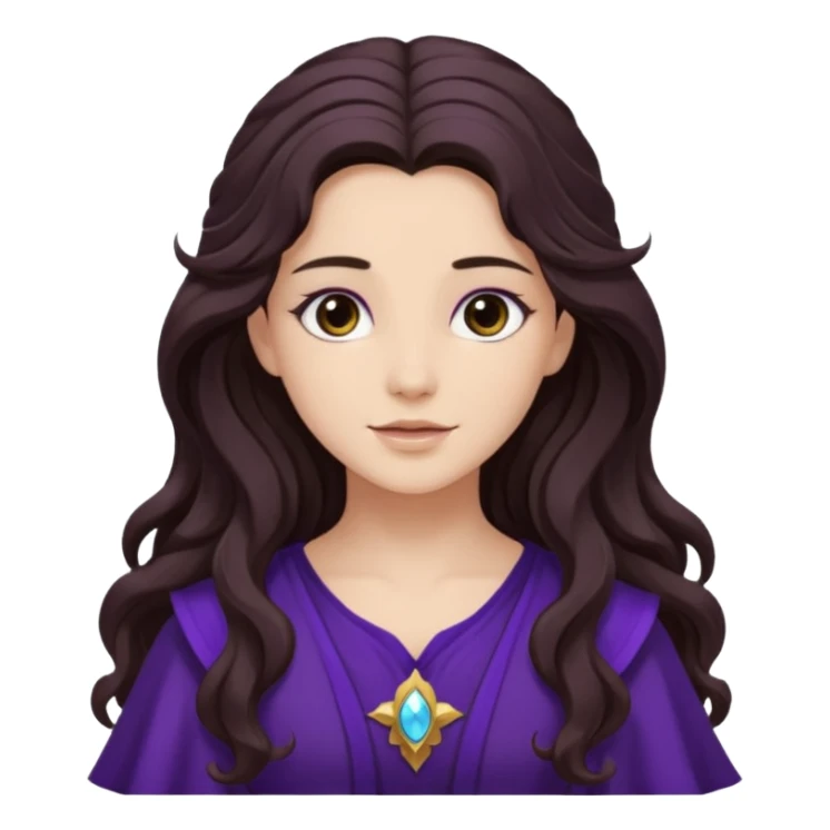 Libera from Olympus Gods with long dark brown wavy hair, deep purple tunic sticker