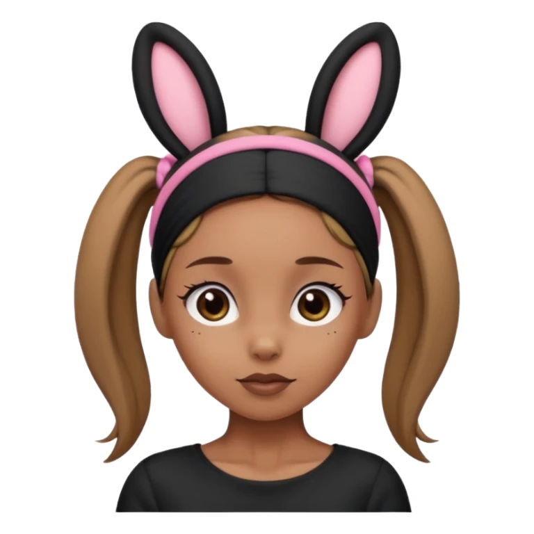 "A tan-skinned person with a high brown ponytail wearing a headband with black bunny ears. The character is dressed in a stylish black outfit. The emoji style should be cute, expressive, and modern — simple but detailed enough to show the ponytail, bunny ears, and outfit clearly." sticker
