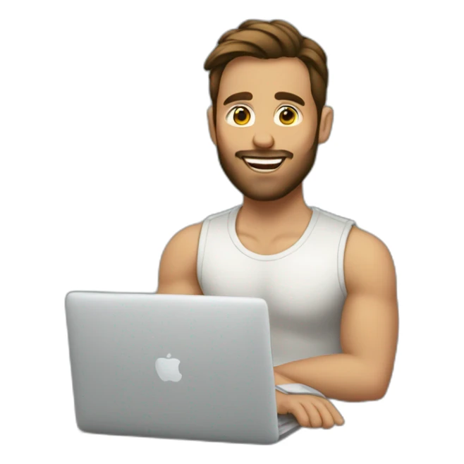 man with brown hair ponytail and shaved beard sitting with macbook sticker