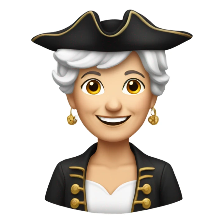 smiling older white woman with earrings and shortwearing pirate hat sticker