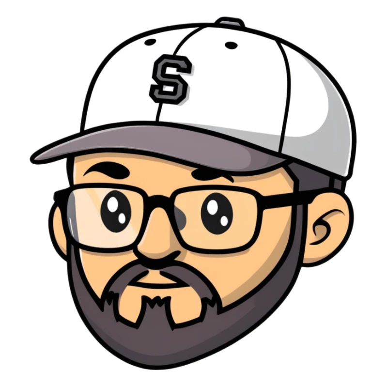 adventurer with goatee beard (no beard on cheeks), short hair, glasses and backwards baseball cap sticker