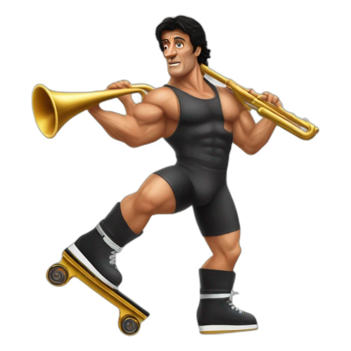 Sylvester Stallone Rambo mankini roller blades carrying a trombone sticker