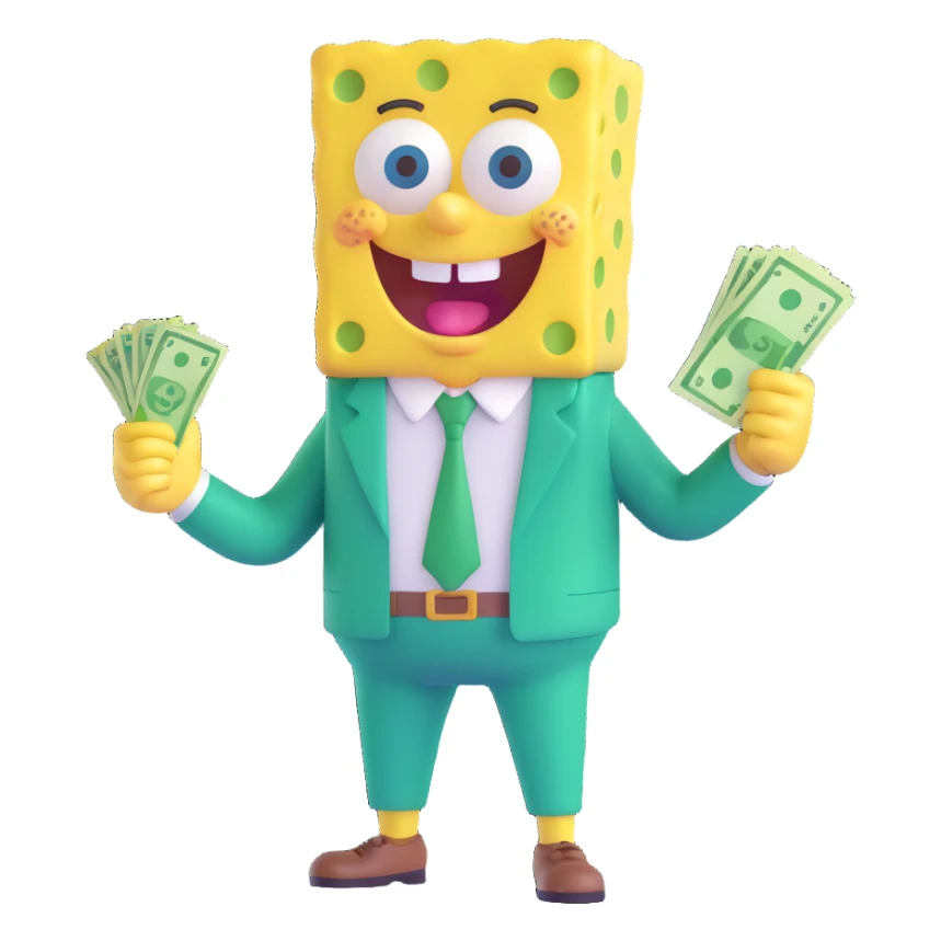 SpongeBob SquarePants wearing a green suit, holding money, cheerful expression sticker