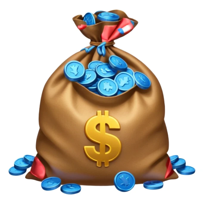 blue coins inside an opened brown money bag  sticker