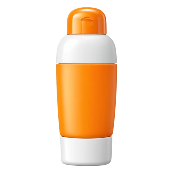 sleek squeezable tube with rounded flip-top cap, bright summer colors orange yellow white, compact slightly curved shape, outdoor use, clean matte surface, lotion or cream inside, no label, no hand, no extras, soft lighting, subtle shadows, emoji scale sticker