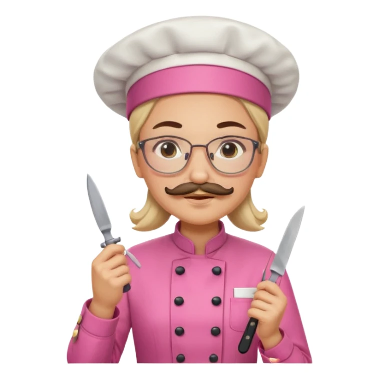 female italian chef, pink uniform, with mustace, wearing glasses, holding knife sticker