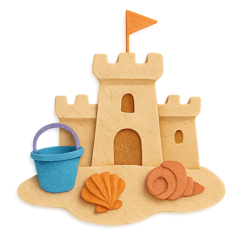 sand castle with seashells and a small bucket, bright colors, paper-craft style sticker