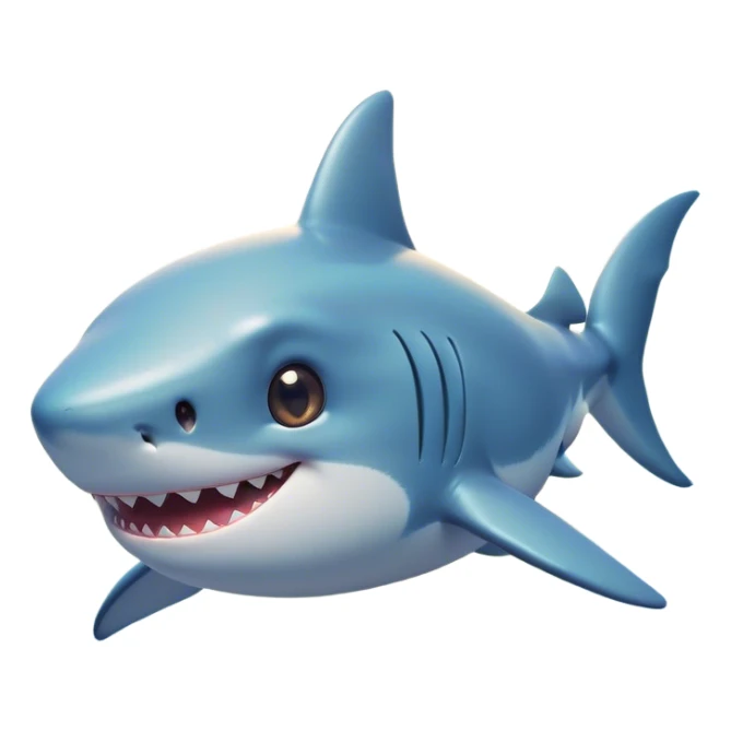Cinematic Cute Shark Portrait Emoji, Head tilted playfully and inquisitively, featuring a glossy, streamlined body with a subtle shimmering hue and round, sparkling eyes filled with curious charm, Simplified yet irresistibly adorable features, highly detailed, glowing with a warm, friendly glow, high shine, affectionate and sleek, stylized with a touch of marine whimsy, bright and endearing, soft glowing outline, capturing the essence of a mischievous yet loving shark, so playful it feels like it could swim out of the screen into your arms! sticker