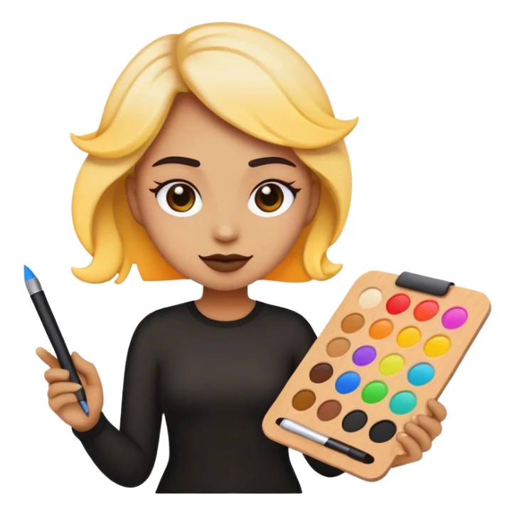 blackCreate an emoji representing a passionate graphic designer. The emoji should feature a creative expression, possibly holding a stylus or a color palette. Include design-related elements like a glowing screen, vector tools, or artistic splashes of color. The style should be modern, vibrant, and sleek, maintaining the clarity and simplicity of standard emoji designs. Ensure it conveys creativity, focus, and artistic flair. sticker