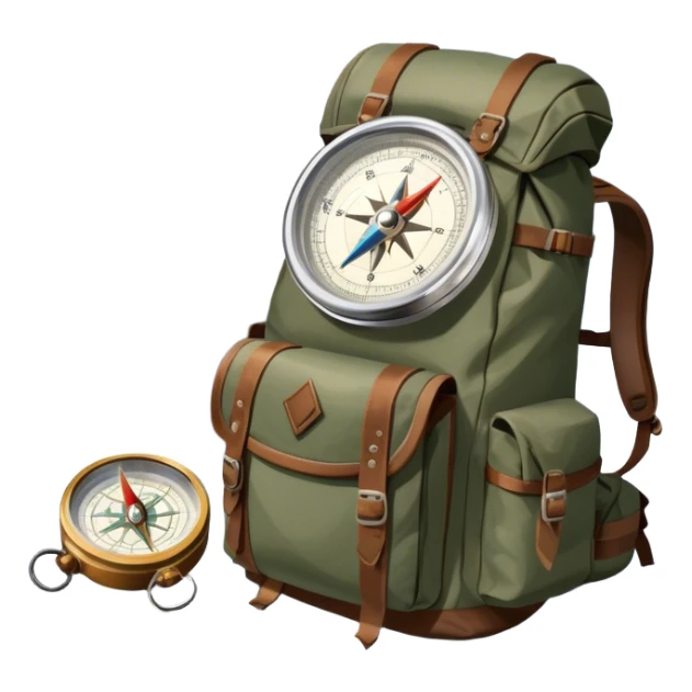 Icon for Expeditions: a compass, a map, and a backpack with trekking gear, placed on a rugged mountain terrain with snow-capped peaks. The icon should evoke the spirit of adventure and discovery in remote, unexplored places. Transparent background. sticker