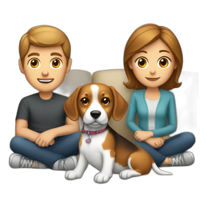Brown hair White boy and girl with beagle Sit on couch sticker