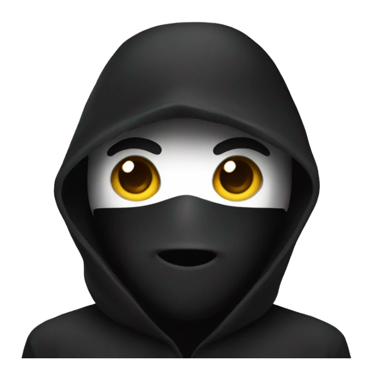 person with a black hood and a black mask sticker