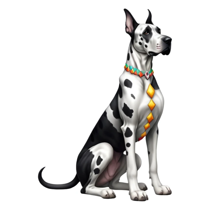 cinematic-[harlequin great dane]-realistic-full-body-sitting-emoji,-tail-resting-loosely-beside-its-paws,-head-tilted-dramatically, ears drooped, -sleek-[black and white]-fur,-simplified-yet-realistic-focused-features,-highly-detailed,-glowing-with-an-almost-sarcastic-glow sticker