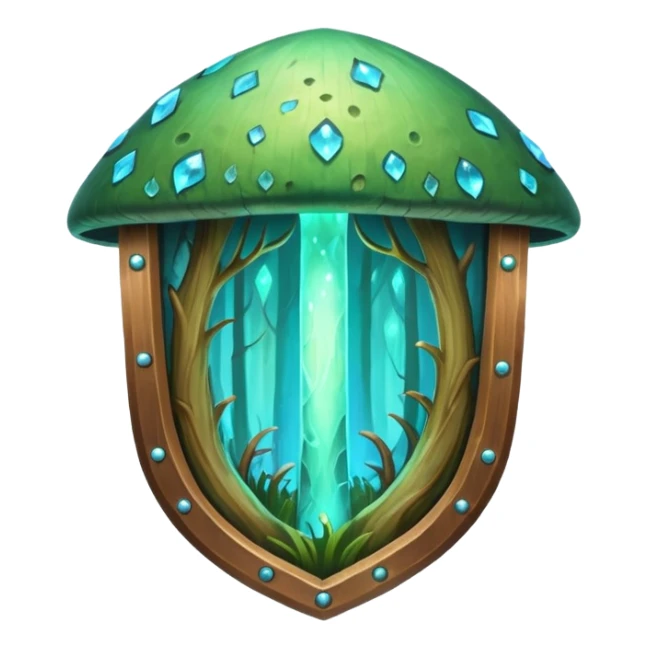 magical mushroom shield object icon, shield crafted from mushroom bark, glowing spores, fantasy forest design, soft green-blue aura, 3D cartoon, mobile game icon style, centered, clean background, no text, no watermark
 
 sticker