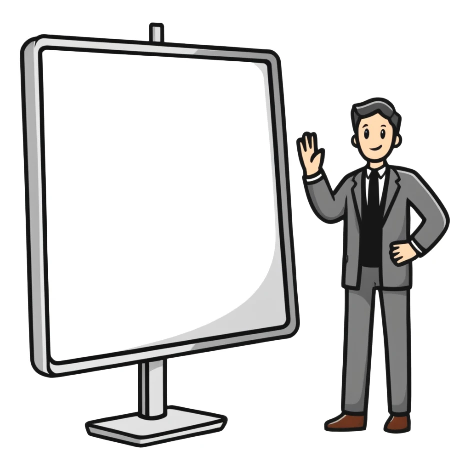 sticker style webinar with cartoon presenter on a screen, fun and bold sticker