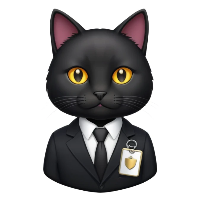 Black cat in a black suit with an ID badge sticker