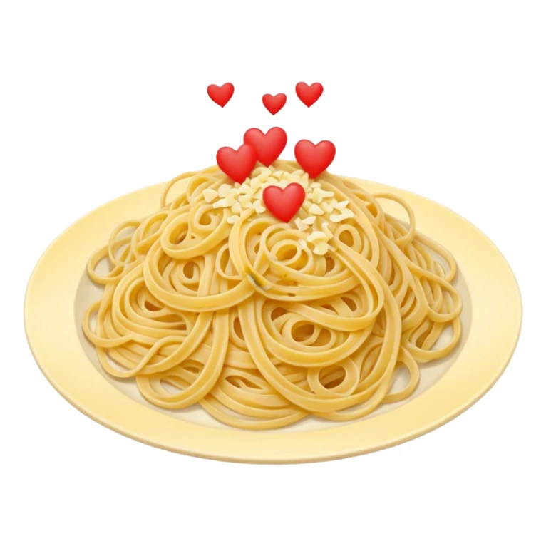 loose tangle of pale yellow cooked spaghetti with soft glossy texture and natural curves, strands slightly twisted and overlapping, freshly prepared dish, no bowl or chopsticks. Add tiny read hearts on the spaghetti sticker