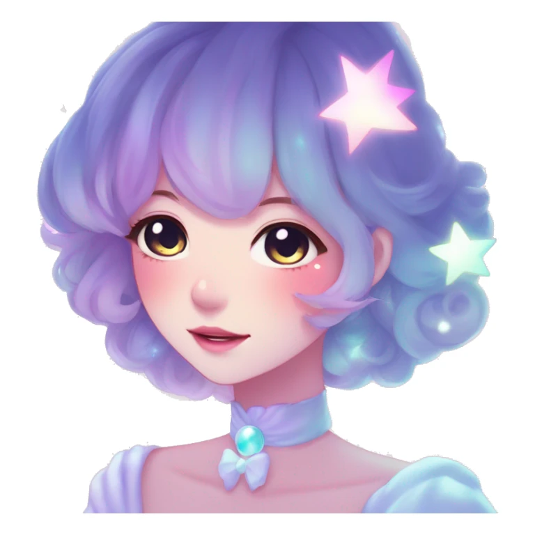 Gorgeous pastel anime style lady blushing nebula-gradient-sparkle face dreamy idol model colorful shiny stars galaxy kawaii cottagecore pearly petite simplistic aesthetic trending style sticker