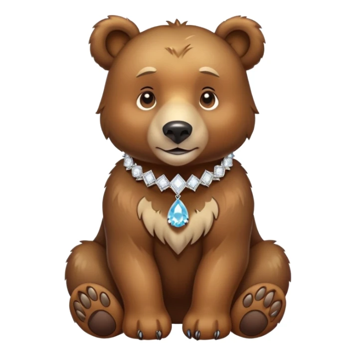 Brown bear on four legs with an elegant diamond collar that sparkles around its neck, gemstone collar, detailed jewelry sticker