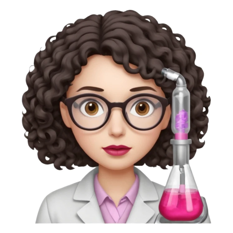 A crazy female scientist, with curly-wavy dark brown medium lenght hair, brown eyes and light grey glasses and pale skin and pinkish lips, dressed to look like an english teacher but in neutral tones like grey black white, maybe with the pop of dark red, with no girly colors,  sticker