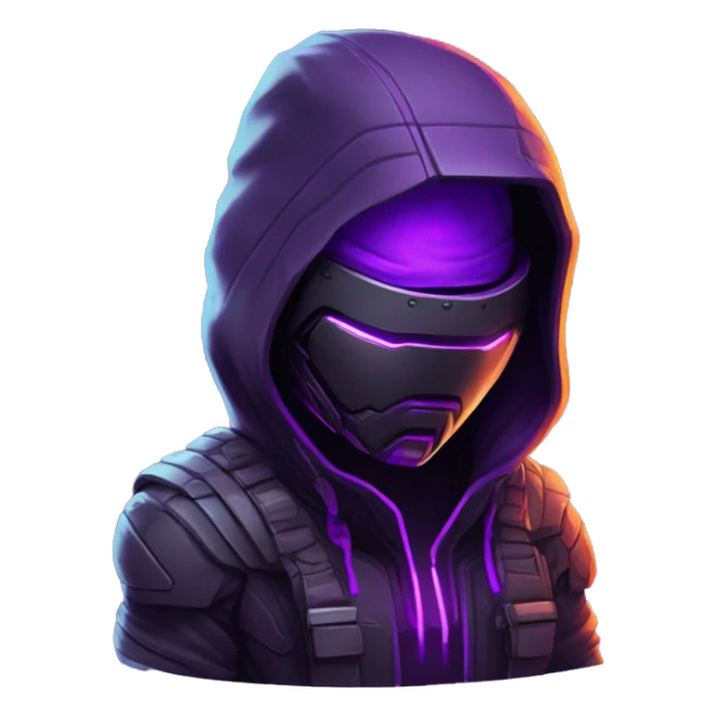developer behind his laptop with this style : crysis Cyberpunk Valorant neon glowing bright purple character purple violet black hooded assassin themed character sticker