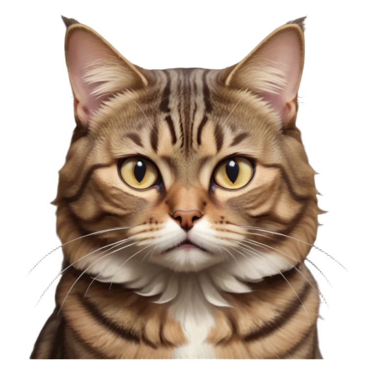 Cinematic Meme-Worthy Grumpy Brown Tabby Cat Portrait Emoji, Head held high but eyes filled with dramatic disappointment, fluffy brown fur with striking tabby markings, signature M-shaped forehead furrowed into an unmistakable scowl, large ears slightly angled back in disapproval, piercing golden-green eyes glaring with pure exasperation, Simplified yet hilariously over-exaggerated features, highly detailed, glowing with an aura of supreme annoyance, high shine, exhausted yet judgmental, stylized with an almost regal pettiness, bright but brooding, soft glowing outline, capturing the essence of a feline that has seen it all and is thoroughly unimpressed, so meme-worthy it feels like it could instantly become the next viral sensation of grumpiness! sticker