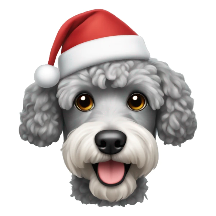 Grey poodle terrier mix wearing a Santa hat sticker