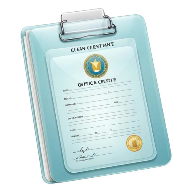 A simple emoji-style icon of a transparent plastic folder, clean and minimal, with rounded corners, subtle translucency, soft shading, and a small official documents symbol representing birth certificate, and SS. sticker