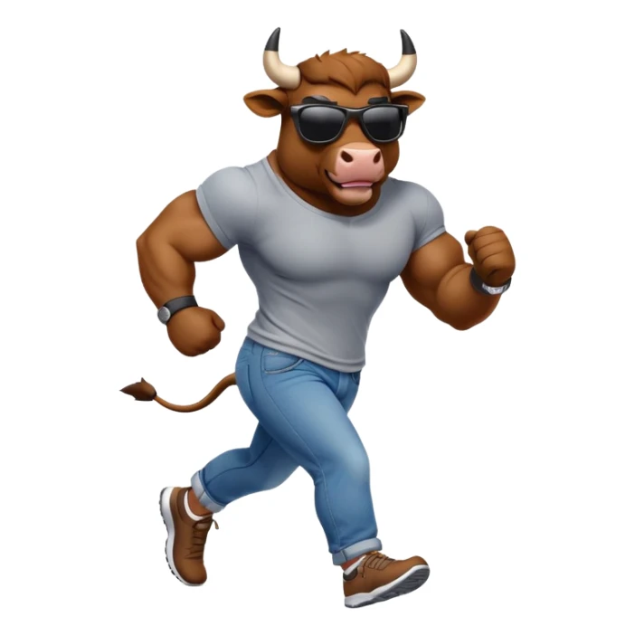 friendly anthropomorphised bull in jeans and a t-shirt, wearing dark sunglasses, jogging upright sticker