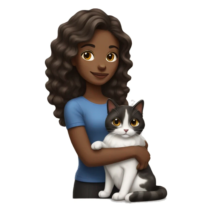 long wavy haired brown skin woman holding black and white cat sticker