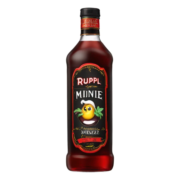 Tall clear bottle of rumple minze alcohol with black and red label sticker