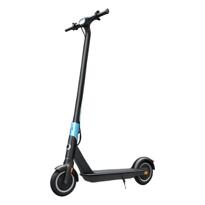 An icon featuring a sleek electric scooter with a modern design, parked on a smooth city sidewalk. The background shows a bustling urban landscape with clear skies, tall buildings, and pedestrians walking by. The scooter is highlighted as a symbol of eco-friendly transportation and modern mobility.  sticker
