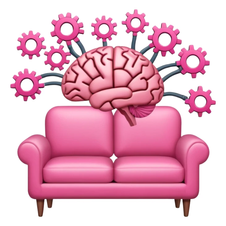 An icon featuring a brain with gears, a mind map, and a pink therapy couch, symbolizing psychology. The design includes a set of mental health tools, representing understanding the human mind. Transparent background sticker