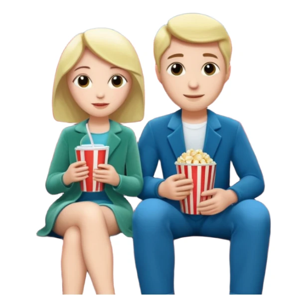 A couple sitting on a sofa inside a movie theater enjoying a film. sticker