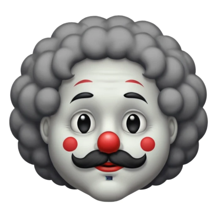a melancholic clown character with a round gray face, half-closed sleepy eyes with long lashes, a big black round nose, and thick black mustache. Dark fluffy cloud-like hair on the sides of the head.  sticker
